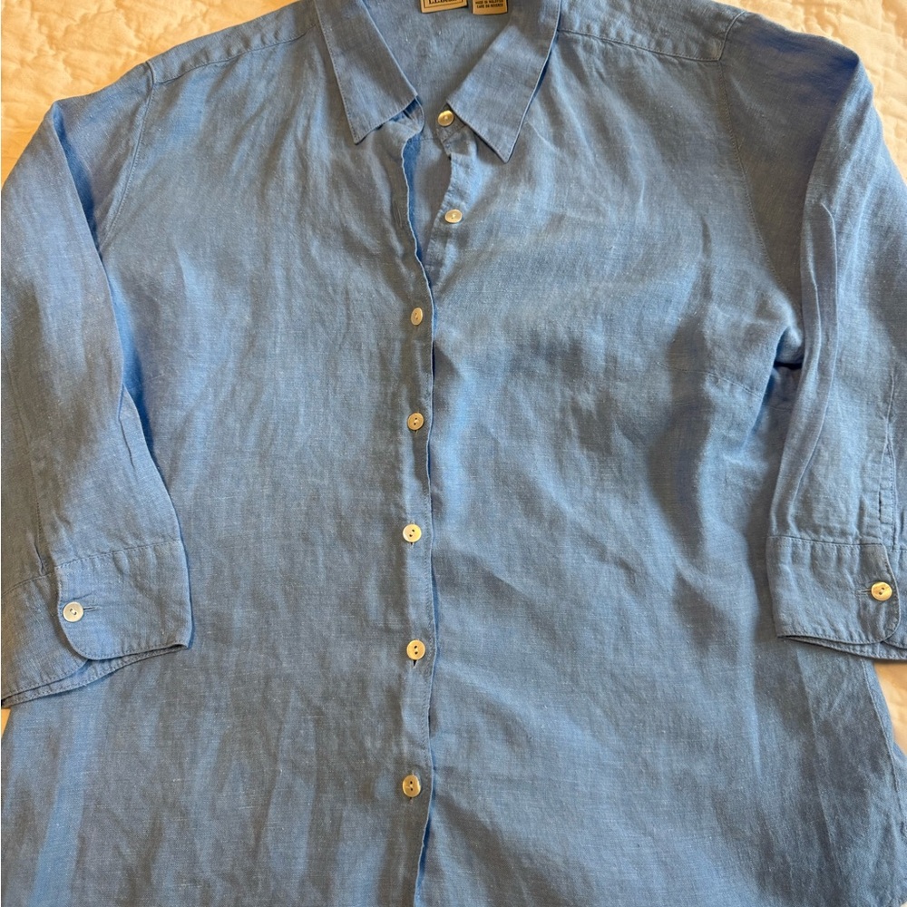 LL Bean 100% Linen Button Down Shirt Blue Collared 3/4 Sleeve Size large